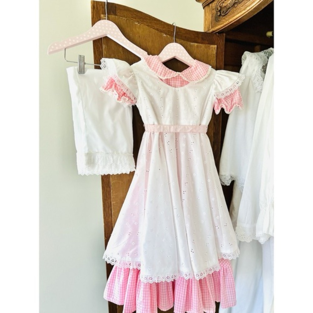 Vintage Handmade Easter Pinafore W/ Bloomers 3 Pc Dress Girls 6-8 Pink Gingham - Picture 2 of 16